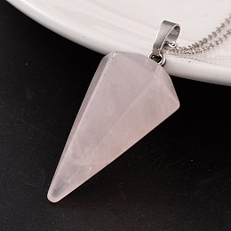 Honeyhandy Cone Pendulum Platinum Tone Brass Rose Quartz Pendants, 39~41x18~19mm, Hole: 5x8mm