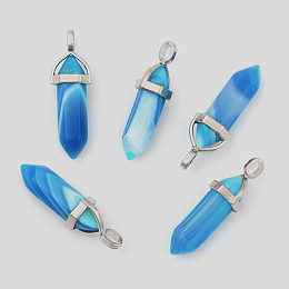 Honeyhandy Natural Banded Agate Double Terminated Pointed Pendants, with Random Alloy Pendant Hexagon Bead Cap Bails, Bullet, Platinum, 37~40x12mm, Hole: 3mm