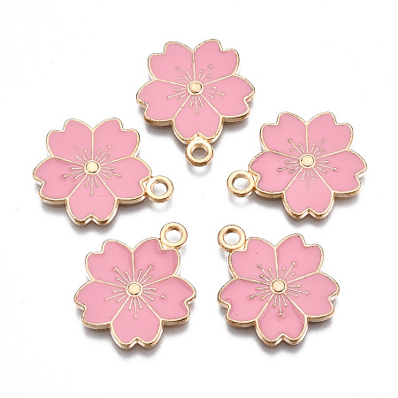 Honeyhandy Alloy Enamel Pendants, Sakura Flower, Light Gold, Pink, 20.5x17.5x1.5mm, Hole: 2mm