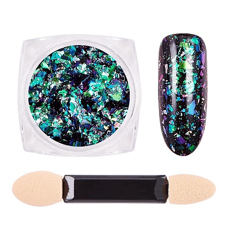 Honeyhandy Nail Art Glitter Powder, Starry Sky/Mirror Effect, Shiny Nail Decoration, with One Brush, Teal, 30x30x17mm, about 0.3g/box
