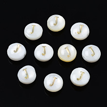 Honeyhandy Natural Freshwater Shell Beads, with Golden Plated Brass Etched Metal Embellishments, Flat Round with Letter, Seashell Color, Letter.J, 6x4mm, Hole: 0.8mm