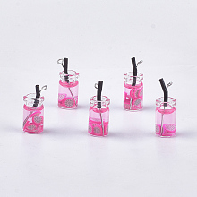 Honeyhandy Glass Bottle Pendants, with Resin, Plastic and Iron Findings, Fruit Tea Charms, Platinum, Hot Pink, 25~28x10mm, Hole: 1.8mm