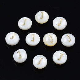 Honeyhandy Natural Freshwater Shell Beads, with Golden Plated Brass Etched Metal Embellishments, Flat Round with Letter, Seashell Color, Letter.J, 6x4mm, Hole: 0.8mm