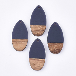 Honeyhandy Resin & Walnut Wood Pendants, teardrop, Prussian Blue, 31x16x3.5~4mm, Hole: 1.5mm