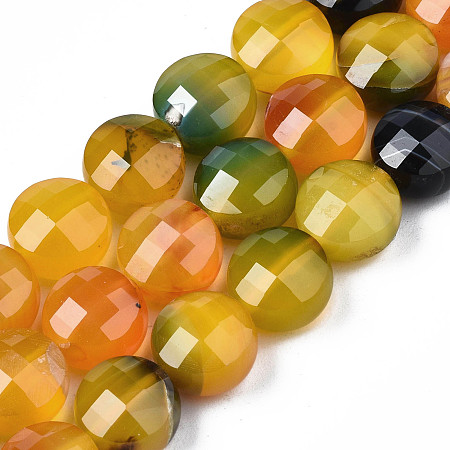 ARRICRAFT Natural Agate Beads Strands, Dyed, Faceted, Flat Round, Orange, 9.5~10.5x9.5~10.5x6~8mm, Hole: 0.7~1.2mm, about 38pcs/strand, 14.37 inch~15.24 inch(36.5cm~38.7cm)