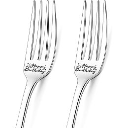 GLOBLELAND 2Pcs Happy Birthday Engraved Fork with Gift Box Stainless Steel Table Forks for Friends Families Festival Christmas Birthday Wedding, 8Inches