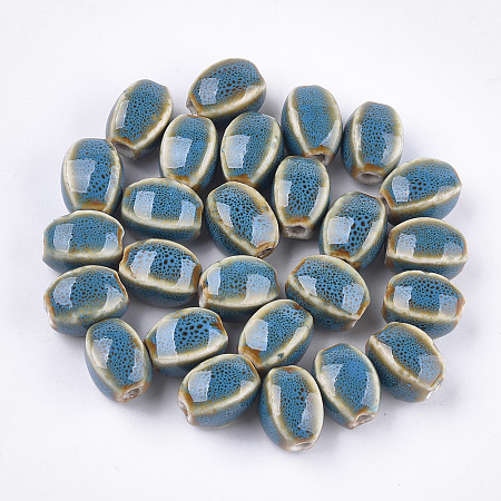 Honeyhandy Handmade Porcelain Beads, Fancy Antique Glazed Porcelain, Oval, Deep Sky Blue, 12~14x9~10.5x9~11mm, Hole: 2.5mm