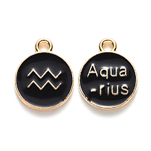 Honeyhandy Alloy Enamel Pendants, Cadmium Free & Lead Free, Flat Round with Constellation, Light Gold, Black, Aquarius, 15x12x2mm, Hole: 1.5mm