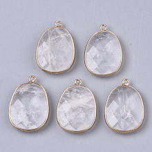 Honeyhandy Natural Quartz Crystal Pendants, with Golden Plated Edge Brass Findings, Nickel Free, Faceted, Oval, 25~26x17~18x5mm, Hole: 1.4mm