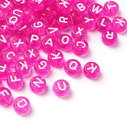 Honeyhandy Transparent Magenta Acrylic Beads, Horizontal Hole, Mixed Letters, Flat Round with White Letter, 7x4mm, Hole: 1.5mm, 100pcs/Bag