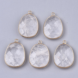 Honeyhandy Natural Quartz Crystal Pendants, with Golden Plated Edge Brass Findings, Nickel Free, Faceted, Oval, 25~26x17~18x5mm, Hole: 1.4mm