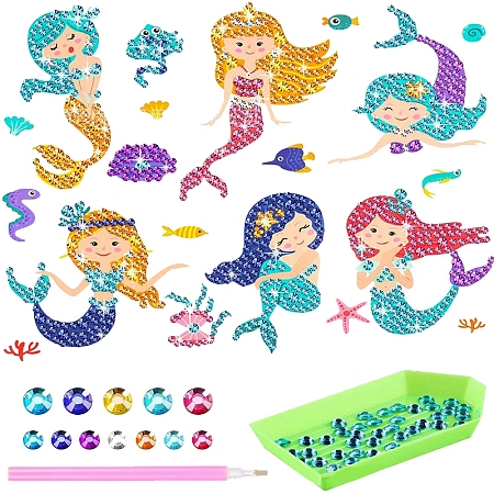 Honeyhandy DIY Mermaid Diamond Painting Sticker Kits, including Self Adhesive Sticker and Resin Rhinestones, Mixed Color, 60~70mm, 6 patterns, 1pc/pattern, 6pcs