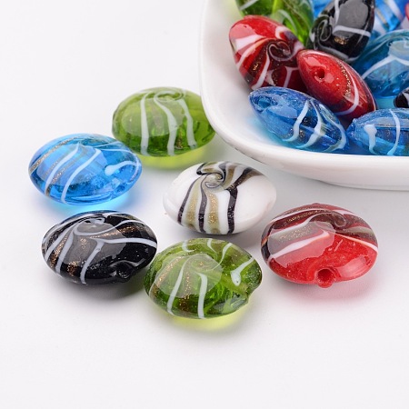 ARRICRAFT Mixed Color Flat Round Handmade Gold Sand Lampwork Beads, about 20mm in diameter, hole: 2mm