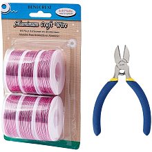 BENECREAT 6 Rolls 18 Gauge Aluminum Craft Wire with Side Cutting Plier, 450 Feet Jewelry Beading Wire Bendable Metal Wire for Jewelry Making Craft, Hotpink