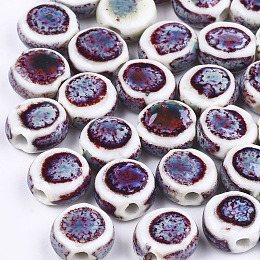 Honeyhandy Handmade Porcelain Beads, Fancy Antique Glazed Porcelain, Flat Round, Colorful, 10~11x10.5~11x5~5.5mm, Hole: 1.5~2mm