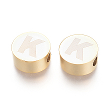 Honeyhandy 304 Stainless Steel Beads, Flat Round with Letter, Letter.K, 10x4.5mm, Hole: 2mm