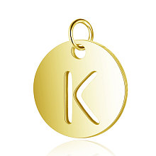 Honeyhandy 304 Stainless Steel Charms, Flat Round with Letter, Golden, Letter.K, 12x1mm, Hole: 2.5mm