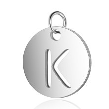 Honeyhandy 304 Stainless Steel Charms, Flat Round with Letter, Stainless Steel Color, Letter.K, 12x1mm, Hole: 2.5mm