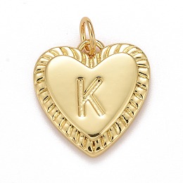 Honeyhandy Rack Plating Real 18K Gold Plated Brass Pendants, with Jump Rings, Long-Lasting Plated, Lead Free & Cadmium Free & Nickel Free, Heart with Letter A~Z, Letter.K, 16x15x2.5mm, Jump Ring: 5x0.5mm, 3mm Inner Diameter