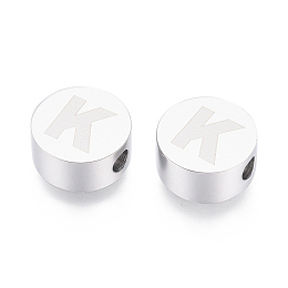 Honeyhandy 304 Stainless Steel Beads, Flat Round with Letter, Letter.K, 10x4.5mm, Hole: 2mm