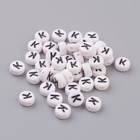 Honeyhandy Flat Round with Letter K Acrylic Beads, with Horizontal Hole, White & Black, Size: about 7mm in diameter, 4mm thick, hole: 1mm