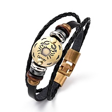 Honeyhandy Braided Leather Cord Retro Multi-strand Bracelets, with Wood Beads, Hematite Beads and Alloy Findings, Flat Round,  Antique Bronze, Cancer, 8-1/4 inch(21cm)