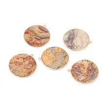 Honeyhandy Natural Crazy Agate Pendants, with Brass Findings, Flat Round, Golden, 32~34x28.5~31x2mm, Hole: 1.6mm