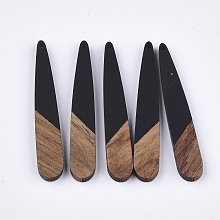 Honeyhandy Resin & Walnut Wood Pendants, Teardrop, Black, 44x7.5x3mm, Hole: 1.2mm