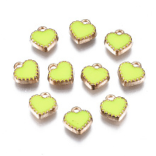 Honeyhandy Alloy Enamel Charms, Heart, Light Gold, Green Yellow, 8x7.50x2.50mm, Hole: 1.5mm