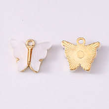 Honeyhandy Alloy Acrylic Pendants, Butterfly, Light Gold, Floral White, 14x16.5x3mm, Hole: 1.6mm