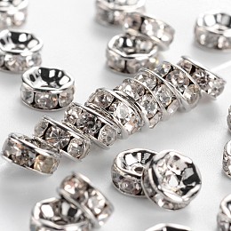 Honeyhandy Middle East Rhinestone Spacer beads, Clear, Brass, Platinum Metal Color, Nickel Free, Size: about 6mm in diameter, 3mm thick, hole: 1mm