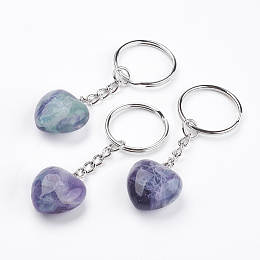 Honeyhandy Natural Fluorite Keychain, with Platinum Iron Findings, Heart, 72mm