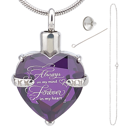 CREATCABIN Heart Cremation Urn Necklace for Ash Birthstone Crystal Memorial Keepsake Pendant Always on My Mind Forever in My Heart Ash Holder Stainless Steel Waterproof with Fill Kit(February-Purple)