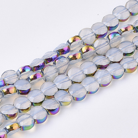 ARRICRAFT Electroplate Glass Beads Strands, Multi-color Plated, Faceted, Flat Round, Alice Blue, 5.5~6x3.5~4mm, Hole: 1mm; about 98~100pcs/strand, 22 inches