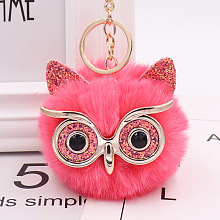 Honeyhandy Pom Pom Ball Keychain, with KC Gold Tone Plated Alloy Lobster Claw Clasps, Iron Key Ring and Chain, Owl, Cerise, 12cm