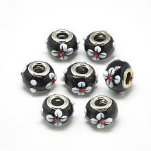 Honeyhandy Handmade Lampwork European Beads, Bumpy Lampwork, with Platinum Brass Double Cores, Large Hole Beads, Rondelle with Flower, Black, 16x14x10.5mm, Hole: 5mm