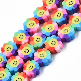 Honeyhandy Handmade Polymer Clay Bead Strands, Flower with Smile, Colorful, 8~10x8~10x4~5mm, Hole: 1.2~1.6mm, about 38~40pcs/strand, 12.99 inch~15.94 inch(33~40.5cm)