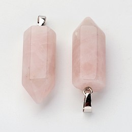 Honeyhandy Brass Natural Rose Quartz Pendants, Bullet, Platinum, Pointed Pendant, 33~36x12mm, Hole: 5x7mm