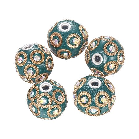 ARRICRAFT 5 PCS Round Handmade Indonesia Beads with Rhinestones Silver Plated Alloy Cores, Teal, 23x21mm, Hole: 5mm
