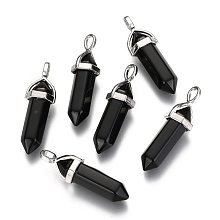 Honeyhandy Natural Black Obsidian Double Terminated Pointed Pendants, with Random Alloy Pendant Hexagon Bead Cap Bails, Bullet, Platinum, 36~45x12mm, Hole: 3x5mm, Gemstone: 10mm in diameter