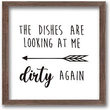 FINGERINSPIRE The Dishes are Looking at Me Dirty Again Art Sign Solid Wood Framed Block Sign Funny Farmhouse Decor Sign with Arylic Layer 13x13 Inch Large Hangable Wooden Frame for Kitchen Decor