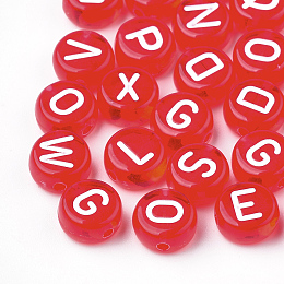 Honeyhandy Transparent Acrylic Beads, Horizontal Hole, Mixed Letters, Flat Round, Red, 7x4mm, Hole: 1.5mm, about 3700pcs/500g