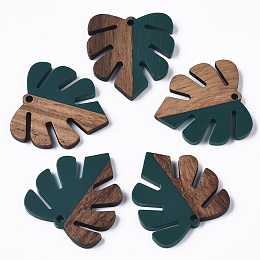 Honeyhandy Resin & Wood Pendants, Tropical Leaf Charms, Monstera Leaf Pendant, Teal, 30x28x3.5mm, Hole: 2mm