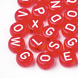 Honeyhandy Transparent Acrylic Beads, Horizontal Hole, Mixed Letters, Flat Round, Red, 7x4mm, Hole: 1.5mm, about 370pcs/50g
