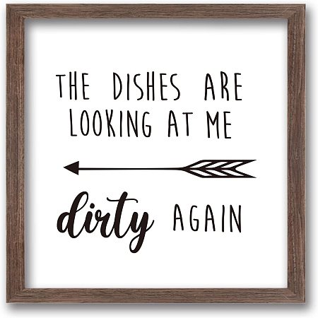 FINGERINSPIRE The Dishes are Looking at Me Dirty Again Art Sign Solid Wood Framed Block Sign Funny Farmhouse Decor Sign with Arylic Layer 13x13 Inch Large Hangable Wooden Frame for Kitchen Decor
