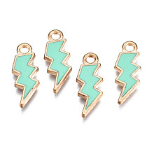 Honeyhandy Alloy Enamel Pendants, Lightning Bolt, Light Gold, Aquamarine, 20x7x1.5mm, Hole: 2mm