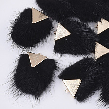 Honeyhandy Faux Mink Fur Tassel Pendant Decorations, with Brass Findings, Light Gold, Black, 40~42x20~30x5.5~7mm, Hole: 2mm