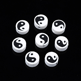 Honeyhandy Handmade Polymer Clay Beads, Flat Round with Yin Yang, White, 9~10x9~10x4~7mm, Hole: 2mm