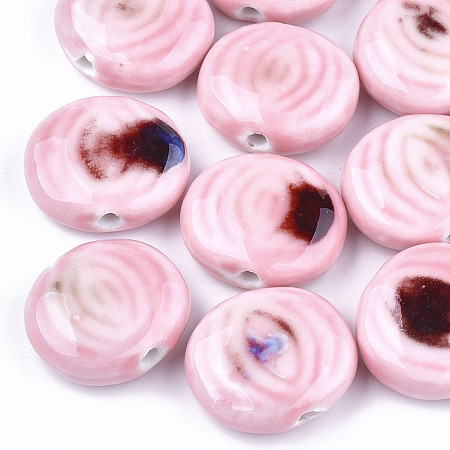 Honeyhandy Handmade Porcelain Beads, Fancy Antique Glazed Porcelain, Flat Round, Pink, 23~24x24~27x9~10mm, Hole: 3mm