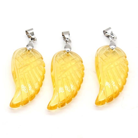 Honeyhandy Natural Citrine Pendants, with Platinum Tone Brass Findings, Wing, 35x17mm